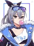  1girl black_jacket black_ribbon bubble_blowing choker commentary_request crop_top eyewear_on_head fur-trimmed_jacket fur_trim grey_eyes grey_hair hair_ribbon highres honkai:_star_rail honkai_(series) jacket long_hair looking_at_viewer rendinal ribbon shirt silver_wolf_(honkai:_star_rail) single-shoulder_shirt solo sunglasses upper_body white_background white_shirt 