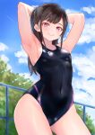 1girl arms_behind_head black_hair black_one-piece_swimsuit blue_sky breasts cloud covered_navel cowboy_shot day fence highres long_hair looking_at_viewer nobita_(nbnobita) one-piece_swimsuit original outdoors parted_lips ponytail red_eyes sky small_breasts solo standing swimsuit 