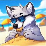  ai_(disambiguation) ai_generated anthro arctic_fox canid canine eating eyewear fox fur greg_(greggerpegger) low_res male mammal sand smile solo sunglasses white_body white_fur 