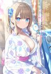  1girl blue_eyes blunt_bangs blurry blurry_background blush breasts brown_hair cleavage closed_mouth collarbone floral_print flower hair_flower hair_ornament highres japanese_clothes kimono large_breasts looking_at_viewer mizukoshi_(marumi) obi original poi_(goldfish_scoop) pout sash side_ponytail sidelocks solo squatting squiggle summer_festival translation_request wide_sleeves 