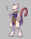  4:5 advos ambiguous_gender anthro asian_clothing clothed clothing generation_1_pokemon hi_res legendary_pokemon martial_arts_style_mewtwo mewtwo nintendo pokemon pokemon_(species) red_eyes simple_background solo tail white_body 