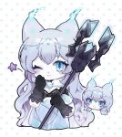  1girl absurdres azur_lane black_gloves blue_eyes chibi closed_mouth commission enforcer_vi_combination_(azur_lane) full_body gloves grey_hair hands_up highres holding holding_staff long_hair looking_at_viewer omuyan one_eye_closed second-party_source siren_(azur_lane) smile solo staff star_(symbol) very_long_hair white_hair 