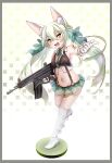  1girl :d animal_ear_fluff animal_ears art556_(girls&#039;_frontline) bare_shoulders blush boots border bow brown_eyes commentary_request girls&#039;_frontline gloves green_bow green_hair green_skirt grey_border gun hair_between_eyes hair_bow halftone halftone_background high_heel_boots high_heels highres holding holding_gun holding_weapon kuro_kosyou long_hair looking_at_viewer miniskirt name_connection navel object_namesake pleated_skirt skirt smile solo standing standing_on_one_leg suspenders taurus_art556 thigh_boots trigger_discipline twintails very_long_hair weapon white_bow white_footwear white_gloves 