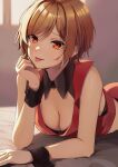  1girl :p absurdres black_nails blush breasts brown_hair cleavage crop_top fingernails highres indoors large_breasts long_fingernails looking_at_viewer lying meiko_(vocaloid) nail_polish on_stomach red_eyes short_hair solo swept_bangs tongue tongue_out vocaloid wrist_cuffs yen-mi 