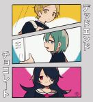  1girl 2boys black_hair black_shirt blonde_hair blue_eyes blue_hair border closed_mouth commentary dead_end_chocolate_(vocaloid) gakuran gauze_on_cheek grey_border hair_over_one_eye half-closed_eyes hand_up head_tilt heart highres holding_strap locker long_hair multiple_boys neckerchief one_eye_covered open_mouth parted_bangs pink_eyes pink_neckerchief profile sailor_collar school_uniform serafuku shirt short_hair shoulder_strap signature smile song_name symbol-only_commentary toukashi_(2tou9) translation_request white_sailor_collar yellow_eyes 