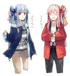  2girls =_= alternate_costume black_pants blue_hair blue_ribbon brown_pants casual closed_mouth collared_shirt commentary_request crossed_arms denim denim_jacket facing_viewer fur-trimmed_jacket fur_trim grey_sweater hair_ribbon hand_up hanten_(clothes) hitogome jacket kotonoha_akane kotonoha_aoi long_hair long_sleeves looking_at_viewer multiple_girls open_clothes open_jacket open_mouth pants patterned_clothing pink_hair red_eyes red_ribbon ribbed_sweater ribbon shirt shirt_under_sweater siblings sidelocks sisters smile sweater sweatpants turtleneck turtleneck_sweater voiceroid white_sweater 