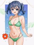  1girl abyssal_ship bikini blue_eyes blue_hair breasts cleavage commentary_request cowboy_shot ema_(user_yxkv5345) enemy_lifebuoy_(kancolle) hair_ribbon kantai_collection large_breasts ribbon smile solo souryuu_(kancolle) swimsuit twintails 