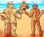  anthro beach butt chance_furlong chubby_male clothed clothing confusion domestic_cat erection erection_under_clothing eye_contact felid feline felis gesture group hanna-barbera humiliation jake_clawson laugh laughing_at looking_at_another male male/male mammal pointing pointing_at_another question_mark seaside sky stripes swat_kats swimwear syaokitty tail trio water 