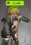  1girl absurdres ahoge assault_rifle bandaid bandaid_on_face bandaid_on_nose blonde_hair blue_eyes blush breasts bright_pupils cum cum_on_body cum_on_breasts cum_on_hair english_text facial gloves gun headset highres holding holding_gun holding_weapon indie_virtual_youtuber large_breasts long_sleeves nipples open_mouth rifle solo standing tactical_clothes torn_clothes virtual_youtuber weapon whiskey_project white_pupils xerbatt 
