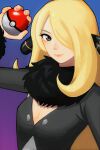  1girl absurdres blonde_hair blue_background breasts cleavage cometeau cynthia_(pokemon) gradient_background grey_eyes hair_over_one_eye hand_up highres holding holding_poke_ball looking_at_viewer poke_ball poke_ball_(basic) pokemon pokemon_(game) pokemon_dppt purple_background smile two-tone_background upper_body 
