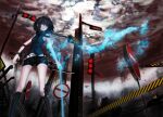  aqua_eyes black_hair black_skirt blue_eyes boots cloud cloudy_sky highres holding holding_sword holding_weapon looking_at_viewer medium_hair mek original road_sign shirt shorts sign skirt sky sleeveless sleeveless_shirt sleeveless_turtleneck sword traffic_light turtleneck weapon 