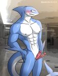  2_penises abs absurd_res alkan anthro blue_body blue_eyes erection fish genitals hi_res male marine multi_genitalia multi_penis multicolored_body muscular muscular_anthro muscular_male navel nipples nude nude_anthro nude_male pecs penis pink_penis shark solo teron(character) two_tone_body white_body 