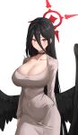  1girl absurdres black_choker black_hair black_wings blue_archive breasts choejeongmin7 choker cleavage cosplay dongtan_lady_(k_pring) dongtan_lady_(k_pring)_(cosplay) dress grey_dress halo hasumi_(blue_archive) highres large_breasts long_hair long_sleeves low_wings mole mole_under_eye red_eyes red_halo simple_background solo very_long_hair white_background wings 