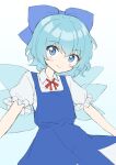  144udy 1girl absurdres aqua_hair blue_bow blue_dress blue_eyes blush bow cirno collared_shirt dress flat_chest hair_bow highres ice ice_wings looking_at_viewer neck_ribbon pinafore_dress puffy_short_sleeves puffy_sleeves red_ribbon ribbon shirt short_dress short_hair short_sleeves simple_background sleeveless sleeveless_dress smile solo touhou two-tone_dress upper_body white_background white_shirt wings 