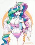  &lt;3 &lt;3_eyes 2023 absurd_res anthro areola big_breasts bodily_fluids bra breasts clothing cutie_mark dandy_(artist) equid equine eyebrow_through_hair eyebrows eyelashes feathered_wings feathers female friendship_is_magic fur hair hand_on_hip hasbro hi_res horn inner_ear_fluff long_hair looking_at_viewer mammal midriff multicolored_hair my_little_pony navel nipples princess_celestia_(mlp) purple_eyes solo sports_bra sports_panties sweat towel towel_around_neck traditional_media_(artwork) translucent translucent_hair tuft underwear white_body white_fur winged_unicorn wings wristband 