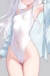  1girl arm_up armpits breasts collarbone covered_navel cowboy_shot facing_viewer grey_background groin head_out_of_frame highres long_hair mignon one-piece_swimsuit open_clothes open_shirt original parted_lips shiro-chan_(mignon) shirt simple_background small_breasts solo swimsuit white_hair white_one-piece_swimsuit white_shirt 