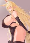  1girl animal_ear_fluff animal_ears bare_shoulders black_gloves black_thighhighs blonde_hair blue_eyes blush breasts commentary_request cream_cod elbow_gloves extra_ears female_pubic_hair from_side gloves hand_on_own_chest highres huge_breasts long_hair looking_at_viewer looking_to_the_side mole mole_under_eye no_panties original parted_lips pelvic_curtain pointy_ears pubic_hair simple_background solo tail thighhighs thighs 