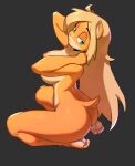  1girl :3 aged_up animal_ears animal_nose arm_behind_head arms_up ass barefoot black_background blonde_hair body_fur breasts closed_mouth coco_bandicoot commentary completely_nude crash_bandicoot_(series) english_commentary feet flowers-imh from_side furry furry_female green_eyes hair_down half-closed_eyes happy highres kneeling large_breasts long_hair looking_back nipples nude orange_fur sidelocks simple_background sitting smile tail thick_thighs thighs two-tone_fur yellow_fur 