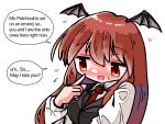  1girl bat_wings blush collared_shirt commentary_request dot_nose english_text finger_to_face hair_between_eyes head_wings heart kasuya_baian koakuma long_hair long_sleeves necktie red_eyes red_hair red_necktie shirt simple_background smile solo touhou upper_body very_long_hair vest white_background white_shirt wings 
