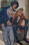  2boys black_hair blonde_hair blue_eyes blue_jacket blue_pants bob_cut braid bruno_bucciarati closed_mouth collarbone commentary_request danart14020 giorno_giovanna hair_ornament hairclip hand_in_pocket hat highres jacket jojo_no_kimyou_na_bouken long_hair long_sleeves looking_to_the_side male_focus multiple_boys navel pants parted_lips shoes short_hair sitting socks toned toned_male vento_aureo white_headwear 