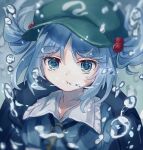  1girl absurdres air_bubble backpack bag blue_eyes blue_hair bubble commentary frills highres jewelry kawashiro_nitori key_necklace looking_at_viewer necklace shirt solo tarutsu touhou underwater visor_cap water 