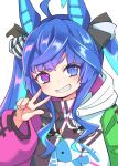  1girl @_@ ahoge animal_ears aqua_hair blue_eyes blue_hair bow commentary crossed_bangs drawstring grin hair_bow hand_up heterochromia highres hood hoodie horse_ears horse_girl long_sleeves looking_at_viewer miyao_ryuu multicolored_clothes multicolored_hair multicolored_hoodie purple_eyes sharp_teeth sidelocks simple_background smile solo striped striped_bow stuffed_animal stuffed_rabbit stuffed_toy teeth twin_turbo_(umamusume) twintails two-tone_hair umamusume upper_body w white_background 