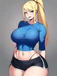  1girl ai-generated blonde_hair blue_eyes breasts crop_top dolphin_shorts highleg highleg_panties large_breasts metroid midriff navel non-web_source panties samus_aran short_shorts shorts solo underwear wide_hips 