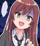  ... 1girl :d blue_background blue_necktie brown_eyes brown_hair collared_shirt commentary_request diagonal-striped_necktie grey_sweater hair_between_eyes hand_up idolmaster idolmaster_shiny_colors long_hair looking_at_viewer necktie osaki_amana shirt smile solo spoken_ellipsis sweater tsunaso_(lack_of_sunlight) turn_pale upper_body white_shirt 