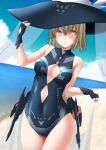  1girl alice_margatroid bare_arms bare_legs bare_shoulders beach black_gloves black_headwear black_one-piece_swimsuit blonde_hair breasts cleavage cleavage_cutout clothing_cutout commission cowboy_shot day fingerless_gloves gloves groin hair_between_eyes hat highres large_breasts looking_at_viewer nori_tamago ocean one-piece_swimsuit open_mouth outdoors short_hair skeb_commission solo swimsuit touhou witch_hat yellow_eyes 