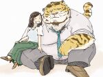  2023 anthro belly big_belly clothing duo felid hi_res human kemono male mammal necktie overweight overweight_male pantherine pommn_mn shirt sitting size_difference tiger topwear 