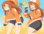  1girl anchor_symbol ass backpack bag bike_shorts brown_hair clenched_hands closed_eyes commission cowboy_shot disembodied_limb fanning_self fingerless_gloves gloves guilty_gear guilty_gear_strive hat hay_fever kabeume long_hair may_(guilty_gear) multiple_views orange_headwear orange_hood orange_sweater pirate_hat plant pollen runny_nose simple_background skeb_commission skull skull_and_crossbones sneezing snot sweater tears 
