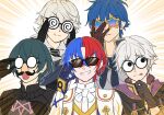  5boys adjusting_eyewear alear_(fire_emblem) alear_(male)_(fire_emblem) blue_hair byleth_(fire_emblem) byleth_(male)_(fire_emblem) commentary_request corrin_(fire_emblem) corrin_(male)_(fire_emblem) fake_facial_hair fake_mustache fire_emblem fire_emblem:_mystery_of_the_emblem fire_emblem:_three_houses fire_emblem_awakening fire_emblem_engage fire_emblem_fates fire_emblem_heroes gloves grey_hair hand_on_own_chin hand_up highres kris_(fire_emblem) kris_(male)_(fire_emblem) multiple_boys open_mouth parted_lips robin_(fire_emblem) robin_(male)_(fire_emblem) simple_background smile star-shaped_eyewear sunglasses teeth tongue tongue_out upper_body white_hair zuzu_(ywpd8853) 