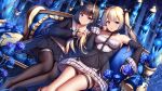  2girls azur_lane bare_shoulders black_hair black_pantyhose black_skirt black_sleeves blonde_hair blue_eyes blush chinese_commentary closed_mouth collarbone commentary_request couch dead_or_alive detached_sleeves flower hair_ornament hairclip highres horns long_hair long_sleeves marie_rose multiple_girls noshiro_(azur_lane) oni_horns pantyhose parted_lips pleated_skirt sitting skirt smile thigh_strap thighs twintails wsman 