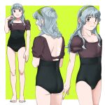  1girl alternate_costume ass backless_outfit barefoot black_one-piece_swimsuit braid cowboy_shot full_body grey_eyes highres kantai_collection long_hair looking_at_viewer multiple_views ojipon one-piece_swimsuit short_sleeves sidelocks single_braid smile swimsuit two-tone_swimsuit wavy_hair yamagumo_(kancolle) 
