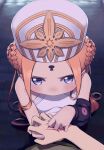  1girl 1other abigail_williams_(fate) abigail_williams_(swimsuit_foreigner)_(fate) abigail_williams_(swimsuit_foreigner)_(second_ascension)_(fate) absurdres black_jacket blonde_hair blue_eyes blush braid braided_bun breasts clothes_down command_spell daisi_gi double_bun fate/grand_order fate_(series) forehead from_above hair_bun hat highres holding_hands jacket keyhole long_hair mitre one-piece_swimsuit pout pov pov_hands small_breasts solo_focus swimsuit tearing_up very_long_hair white_headwear white_one-piece_swimsuit 