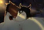  ambiguous_gender barn black_ears black_mane brown_body brown_ears cuddling duo ears_back equid equine feral glistening glistening_eyes horse huskii-s inside mammal mane narrowed_eyes pivoted_ears signature tan_body 