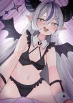  1girl absurdres ahoge bat_wings black_bra black_horns black_panties bra braid braided_bangs breasts earrings fang frilled_panties frills grey_hair heart heart_in_eye highres hololive horns jewelry la+_darknesss long_hair multicolored_hair mutsumi326 navel panties pointy_ears purple_hair small_breasts streaked_hair striped_horns sweat symbol_in_eye tongue underwear virtual_youtuber wings yellow_eyes 