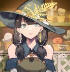  1girl bare_shoulders brown_hair commentary dated detached_collar detached_sleeves fish_bone_earrings flower flower_pot green_eyes grey_headwear halloween hat hat_flower hat_ribbon highres looking_at_viewer mixed-language_commentary original ribbon signature solo tennohi twintails witch_hat 