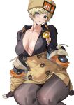  1girl alternate_hairstyle arm_support ashiomi_masato blonde_hair blue_eyes blush breasts brown_coat cleavage cleavage_cutout clothing_cutout coat collarbone covered_navel covered_nipples fingerless_gloves fur_hat gloves guilty_gear guilty_gear_strive hat highres invisible_chair large_breasts leggings looking_at_viewer millia_rage short_hair simple_background sitting solo thick_thighs thighs twitter_username ushanka v-neck white_background 