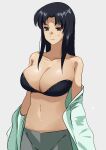  1girl absurdres black_bra black_hair blush bra breasts brown_eyes grey_pants highres kiryuu_mimori large_breasts long_hair navel off_shoulder open_clothes open_shirt pants parted_bangs scryed shirt simple_background solo strapless strapless_bra sweatdrop tomo0843 underwear white_background white_shirt 