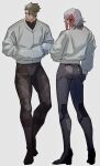  2boys achilles_(fate) black_bodysuit bodysuit brown_eyes fate/grand_order fate_(series) full_body grey_background grey_hair hands_in_pockets haruakira highres jacket long_legs looking_to_the_side male_focus mature_male multicolored_hair multiple_boys odysseus_(fate) open_mouth short_hair simple_background streaked_hair white_jacket 