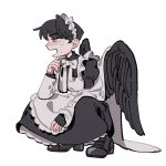  1boy alternate_costume apron black_dress black_footwear black_hair black_wings blush bow commentary_request crossdressing dress enmaided feathered_wings frilled_apron frills full_body highres juliet_sleeves kim_dokja korean_commentary long_sleeves maid maid_apron maid_headdress male_focus omniscient_reader&#039;s_viewpoint open_mouth puffy_sleeves rude_rudy shoes short_hair simple_background solo squatting white_apron white_background white_bow wings 