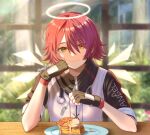  1girl angel apple_pie arknights black_gloves blurry blurry_background cheek_rest closed_mouth depth_of_field detached_wings energy_wings exusiai_(arknights) fingerless_gloves food fork gloves hair_between_eyes hair_over_one_eye halo holding holding_fork indoors jacket looking_at_viewer memetaroh pie plate pov pov_across_table red_hair short_hair signature smile solo table white_jacket wings yellow_eyes 