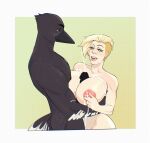  4_fingers amber_eyes anthro avian beak big_breasts bird black_beak black_body black_eyebrows black_penis blonde_eyebrows blonde_hair bodily_fluids border breast_play breasts corvid corvus_(genus) crow cum cum_on_breasts duo eyebrows feathers female fingers genital_fluids genitals glooum green_background green_eyes hair hi_res human lactating male male/female mammal nipples oscine passerine penis pink_nipples sex simple_background tail_feathers titfuck white_border 