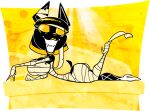  2022 alpha_channel ankhmara anthro anubian_jackal black_body black_fur black_hair blue_eyes canid canine canis digital_drawing_(artwork) digital_media_(artwork) female fur hair jackal mammal mummification pinup pose rubberskunktoo simple_background solo transparent_background 