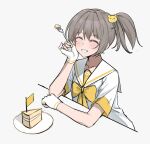  1girl alternate_costume bear_hair_ornament bow cake cake_slice closed_eyes fingerless_gloves food fork gloves grey_background grey_eyes grey_hair hair_ornament highres holding holding_fork long_hair nanami:_starfarer_(punishing:_gray_raven) nanami_(punishing:_gray_raven) punishing:_gray_raven sailor_collar school_uniform serafuku shirt short_sleeves smile solo watchmen-001 white_gloves white_sailor_collar white_shirt yellow_bow 