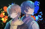  2boys :p aoyagi_touya arms_at_sides back-to-back black_background black_jacket blue_hair earrings grey_eyes grey_jacket hair_between_eyes highres hood hood_down hoodie jacket jewelry long_sleeves looking_at_viewer male_focus multicolored_hair multiple_boys nuko_0108 open_clothes open_jacket orange_hair paint_splatter project_sekai purple_hair shinonome_akito short_hair sidelocks simple_background stud_earrings tongue tongue_out two-tone_hair upper_body yellow_eyes yellow_hoodie 