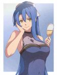  1girl alcohol blue_background blue_hair border bow bowtie breasts chiharu_(9654784) cup double-parted_bangs drinking_glass eiyuu_densetsu hair_between_eyes hair_bow highres holding holding_cup large_breasts laura_s._arseid long_hair sen_no_kiseki smile solo white_border white_bow white_bowtie wine wine_glass yellow_eyes 