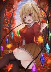  1girl :d absurdres aged_up ascot autumn_leaves bad_anatomy bat_wings black_thighhighs blonde_hair blush breasts brown_skirt buttons center_frills clenched_hand cloud collared_shirt crystal ekidona falling_leaves flandre_scarlet frilled_skirt frills highres leaf long_hair long_sleeves maple_leaf medium_breasts on_ground one_side_up open_mouth orange_ascot outdoors partially_unbuttoned pleated_skirt red_eyes red_vest shirt side_ponytail sitting skirt sky smile solo sunset thighhighs touhou tree twisted_torso vest white_shirt wings 