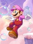  1boy :o blue_eyes brown_footwear brown_hair bubble bubble_blowing bubble_mario buttons cloud facial_hair floating full_body gloves hand_up hat highres light_rays long_sleeves male_focus mario mario_(series) mustache open_mouth overalls pants parted_lips pink_headwear pink_shirt purple_sky red_overalls red_pants shirt shoes short_hair sky solo super_mario_bros._wonder white_gloves ya_mari_6363 